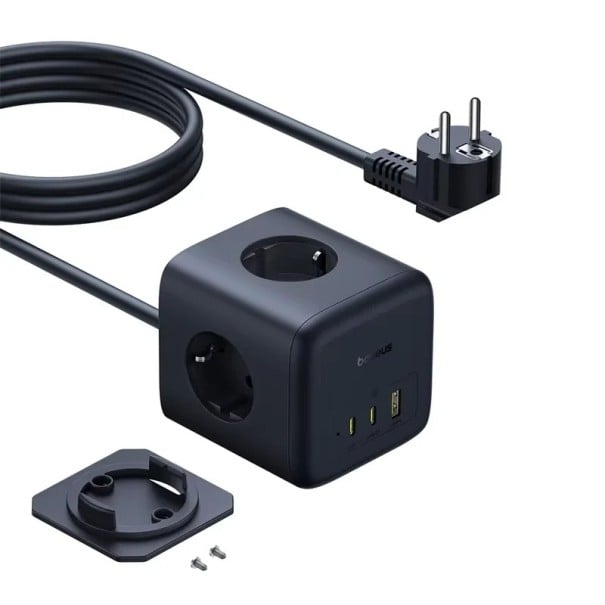 Oplaadstation blok 67W EU 220V 3x stopcontact 2x USB-C 1x USB-A zwart compact bureau voor mobiel laptop huishouden 1