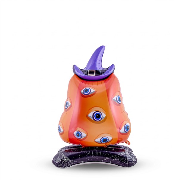 Oppustelig ballon Græskar med øjne og heksehue På sokkel med edderkoppespind Orange lilla og sort Halloween dekoration 1