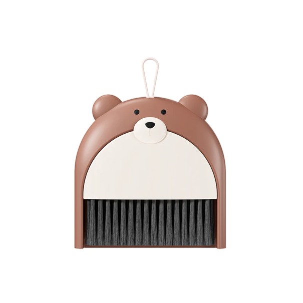 Opvouwbare bezem- en stofferset met teddybeermotief 16 x 16 cm Kleine stoffer en blik voor kruimels Praktische schoonmaaktools voor in huis bruin