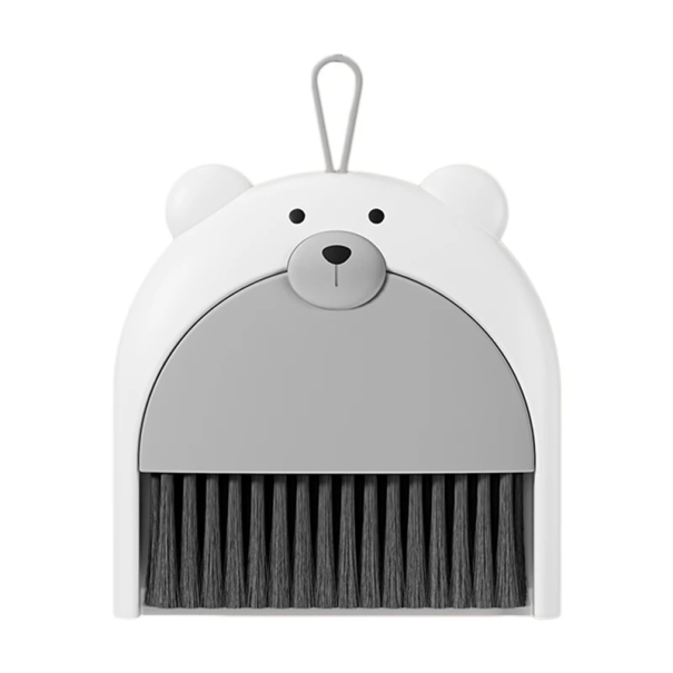 Opvouwbare bezem- en stofferset met teddybeermotief 16 x 16 cm Kleine stoffer en blik voor kruimels Praktische schoonmaaktools voor in huis grijs