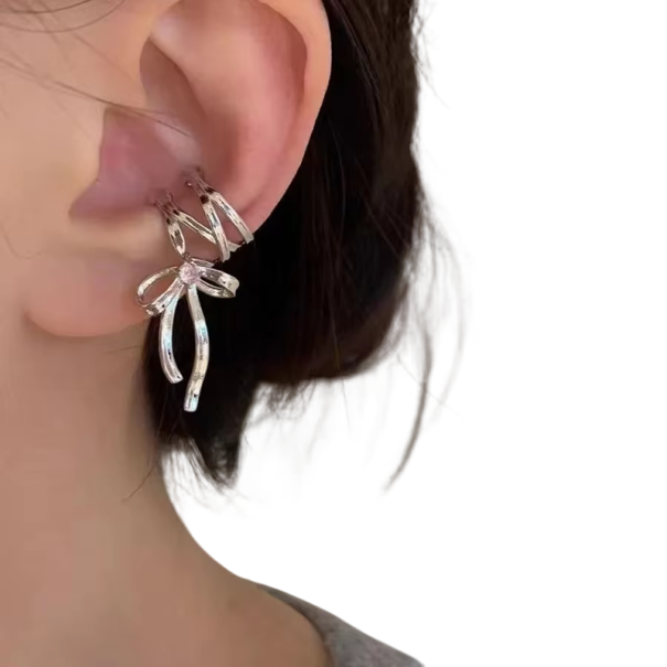 Orecchini a clip argento a forma di fiocco 2.1 x 2.2 cm Stile Y2K per ballerine Orecchini alla moda per ragazze Gioielli in metallo, accessori 1