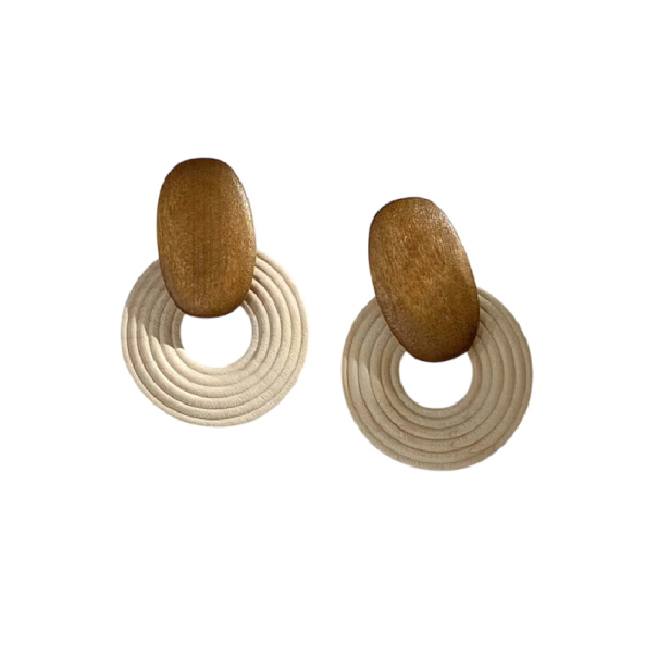 Orecchini pendenti da donna rotondi con cerchio di perline in legno design geometrico per uso quotidiano e accessorio di stile beige-marrone
