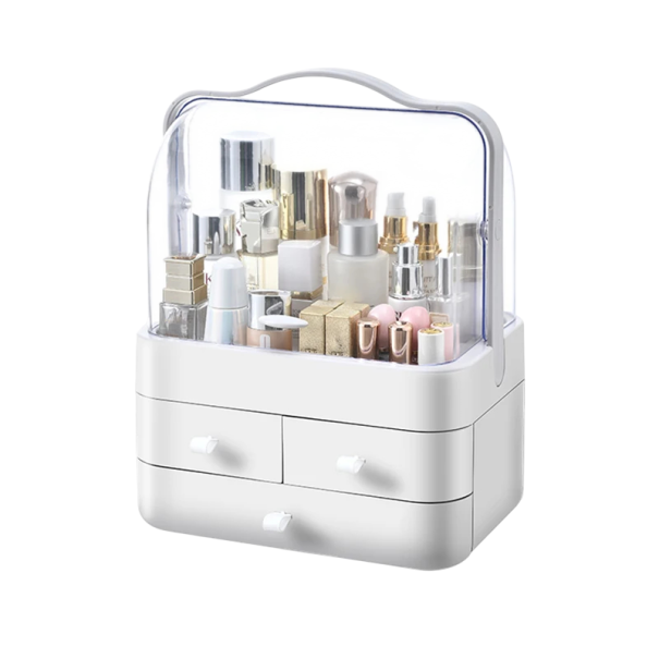 Organizador de cosméticos a prueba de polvo con cajones 26,5 × 18,2 × 34,7 cm caja de almacenamiento para maquillaje y productos cosméticos blanco