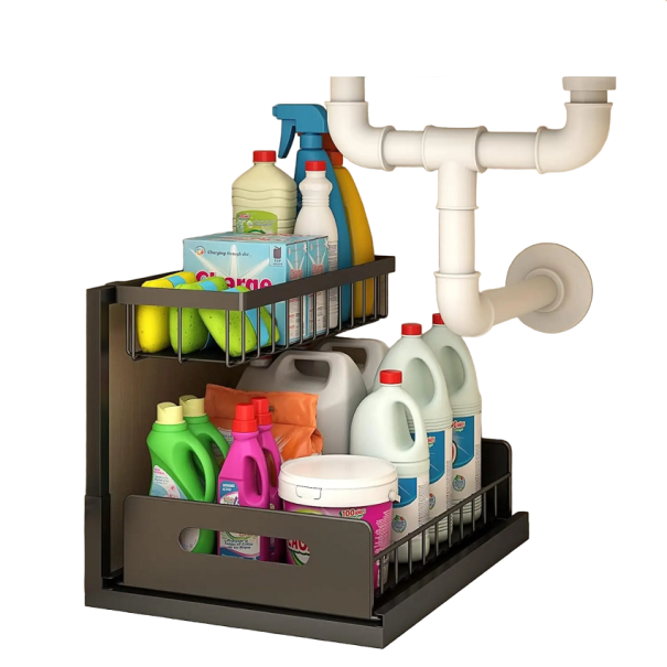 Organizador de detergentes Organizador extraíble Organizador deslizante debajo del fregadero Organizador multiusos Organizador de especias 36 x 26 x 26 cm negro