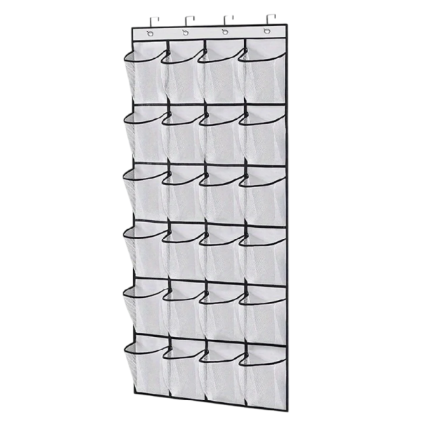 Organizador de pared colgante de tela para zapatos 24 bolsillos de malla 144 x 56 cm con 4 ganchos de metal Ahorra espacio Sistema de almacenamiento para el hogar 1
