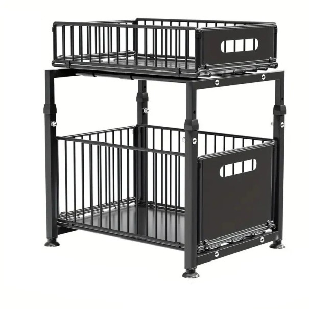 Organizator de bucătărie cu două etaje 37,5 x 29 x 41–49 cm Raft metalic ajustabil cu coșuri glisante Suport de depozitare sub chiuvetă și pe blatul de lucru 1