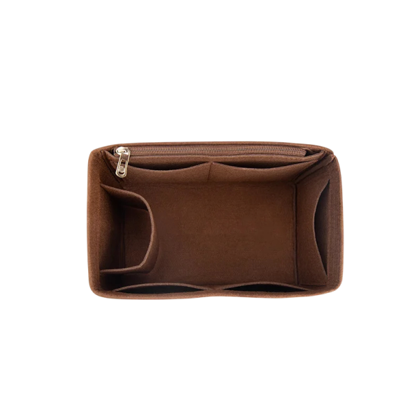 Organizator pentru geanta de dama cu compartimente si buzunar cu fermoar 14×23×14 cm insertie din fetru pentru organizarea cosmeticelor maro