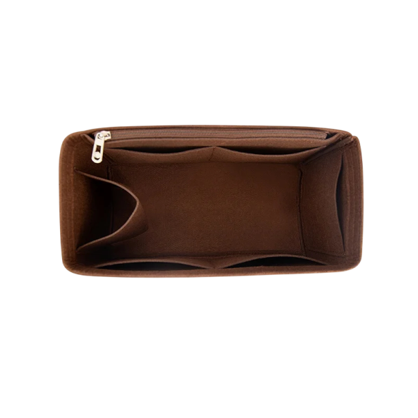 Organizér do dámské kabelky s více přihrádkami a kapsou na zip 15×28×15 cm plstěná vložka do kabelky pro přehledné uspořádání věcí hnědá