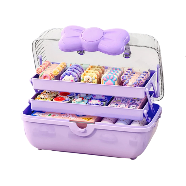 Organizér na dívčí vlasové doplňky s otočným zámkem a mašlí 27,5x14,5 cm PP plastový box na gumičky sponky a šperky fialová