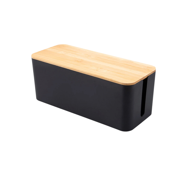 Organizér na káble s bambusovým vekom, rozmer 32 x 13,5 cm, biely alebo čierny plast čierna