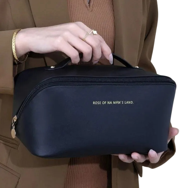 Organizzatore da viaggio per trucco 23,5 x 11,5 x 12,5 cm Borsa cosmetica da donna con spazio di archiviazione Borsa da toeletta in poliestere con zip nero