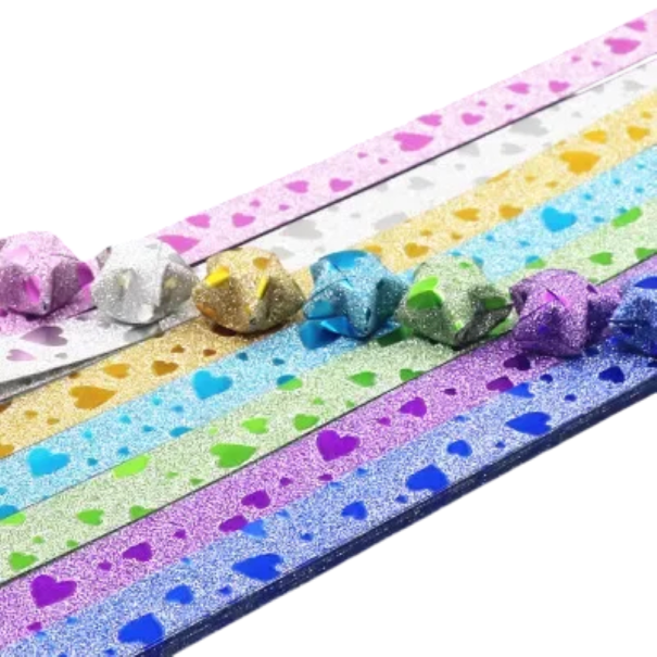 Origami papírové proužky třpytivé 140 ks se vzorem srdíček lesklý skládací papír pro výrobu hvězd DIY dekorace ruční tvorba 1