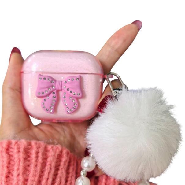 Originální krystalový ochranný kryt s mašlí, přívěskem a chlupatou koulí pro Airpods 4, s perlovým přívěskem růžová