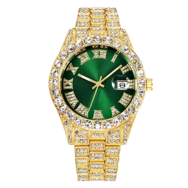 Orologi al quarzo alla moda con diamanti 42 mm Bracciale in acciaio inossidabile Calendario Data Design moderno Leggeri orologi da polso resistenti per l'uso quotidiano oro-verde