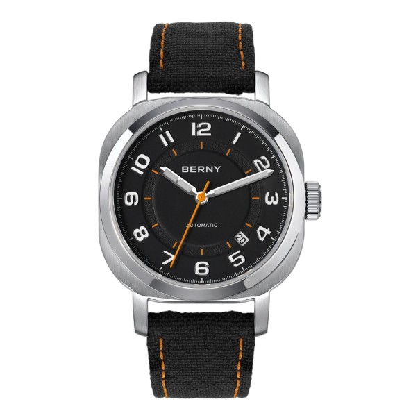 Orologi automatici da donna Berny Minimalisti con data Impermeabili 50 m 38 mm Acciaio inossidabile Vetro zaffiro Cinturino in tessuto Per nero