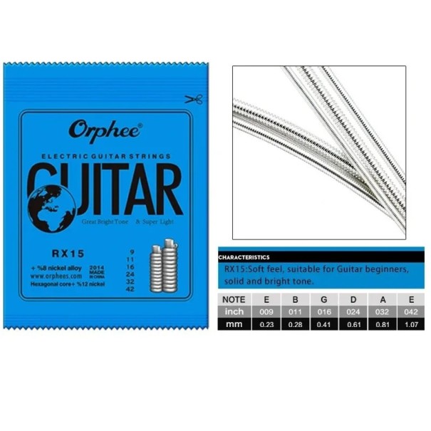 Orphee RX15 Sada strun pro elektrickou kytaru 9-42 Série RX Niklované struny se šestihranným jádrem z uhlíkové oceli Univerzální zvuk 1