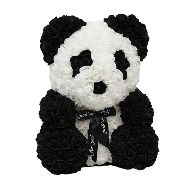 Orsetto panda con nastro di rose artificiali Decorazione realizzata a mano Regalo di San Valentino Figura floreale elegante Decorazione di lusso per interni 25 cm 1