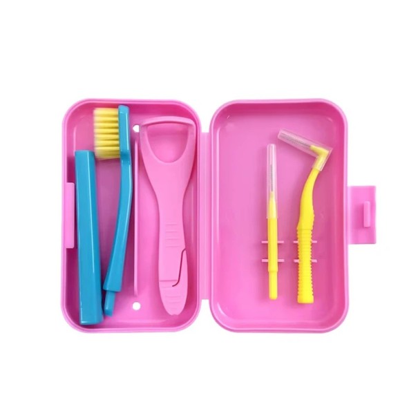 Orthodontische set Beugels borstel Interdentale rager Tongschraper Wasstrip Haakbeugel verlichting roze