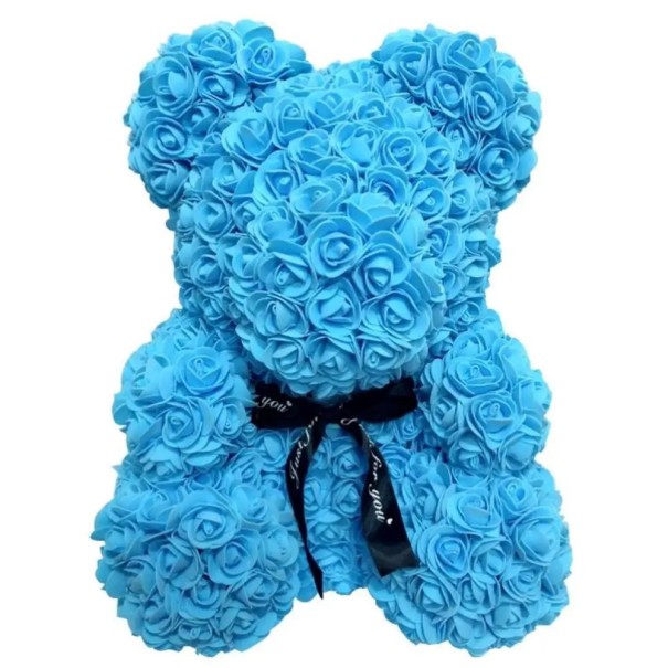 Osito de peluche de rosas artificiales con lazo Decoración hecha a mano Regalo romántico San Valentín Figura de flor Lujosa decoración interior Altura 25 cm azul