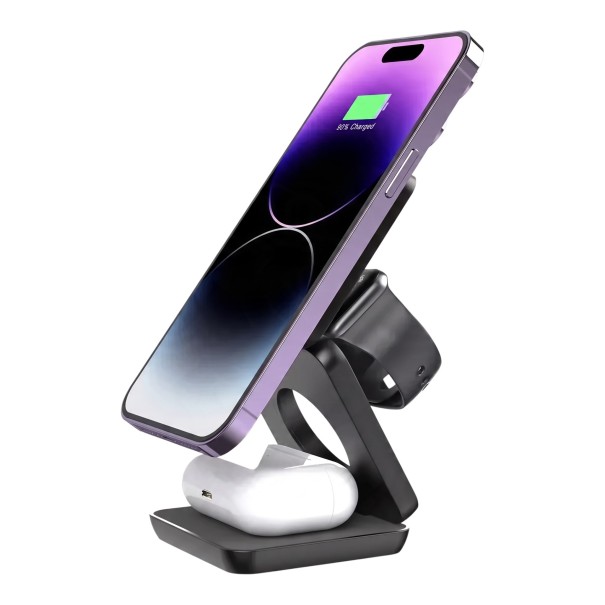 Összecsukható mágneses vezeték nélküli töltőállomás 3 az 1-ben iPhone, Apple Watch és AirPods számára USB-C Fekete Kompakt utazáshoz és irodába 1