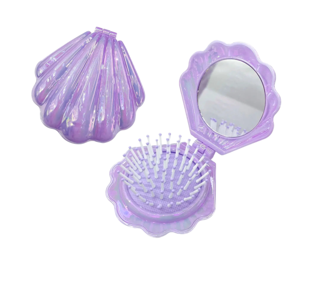 Összecsukható utazó fésű tükörrel 14 x 7 cm Gyöngyház design Összenyomható masszázsfésű kerek fogakkal Kompakt női fésű lila