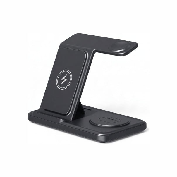 Összecsukható vezeték nélküli töltőállomás 3 az 1-ben 15 W Samsung Galaxy telefonhoz, Watch-hoz és Buds-hoz, USB-C Éjjeli asztalra fekete