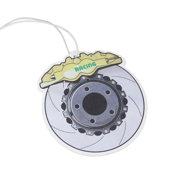 Osvěžovač vzduchu do auta závěsný na zpětné zrcátko motiv brzdového kotouče 8,5 × 9,3 cm pevné provedení šedo žlutý doplněk interiéru 1