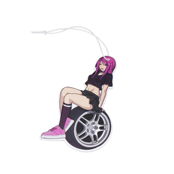 Osvěžovač vzduchu do auta závěsný na zpětné zrcátko motiv dívky na kole 11 × 6 cm pevné provedení růžovo černý doplněk interiéru 1