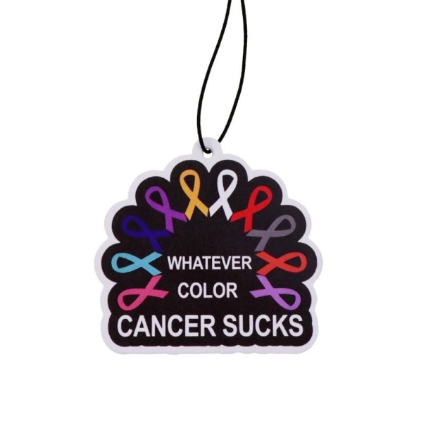 Osvěžovač vzduchu do auta závěsný s citací „Whatever color cancer sucks“ 7 × 6,2 cm černý barevný přívěsek dekorace 1