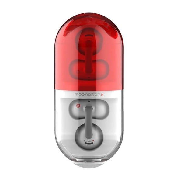 Otevřená sluchátka s klipem na uši Moondrop Pill Bluetooth 6.0 vodotěsnost IPX4 nabíjecí pouzdro na běh a sport i bezdrátový poslech červená