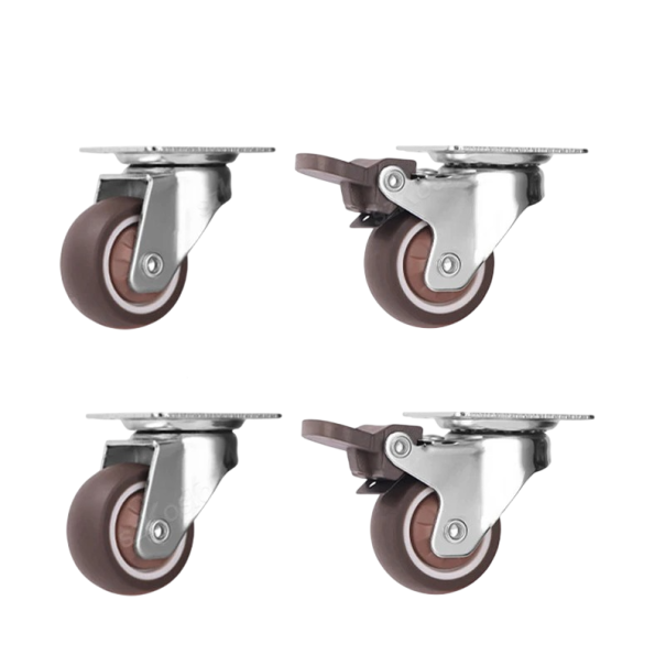 Otočná nábytková kolečka 13 mm, 2× s brzdou + 2× bez, montážní deska 37,5×31 mm, rozteč 28×24 mm, hnědá, nosnost 48 kg 1