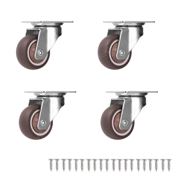 Otočná nábytková kolečka 37,5×31 mm, šířka kola 13 mm, montážní otvory 3 mm, hnědé kolo, nosnost 33 kg pro nábytek a boxy 1