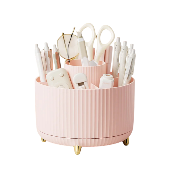 Otočný kosmetický organizér 360° 14 x 14 x 12 cm Plastový úložný box na make-up Štětce Rtěnky Pero Koupelnový držák Přenosný box růžová