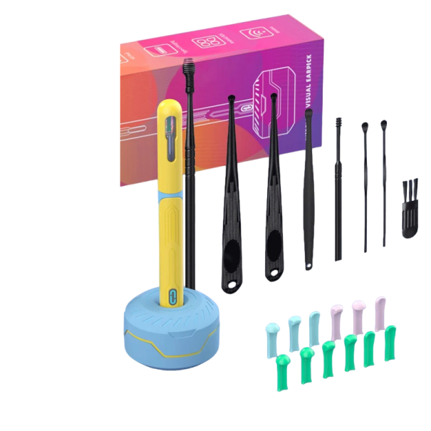 Otoscope para controlo e limpeza de ouvidos com acessórios Câmera endoscópica para limpeza de ouvidos Bastão visual inteligente para limpeza amarelo