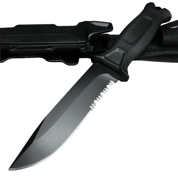 Outdoor Knife 22 cm with Fixed Stainless Steel Blade Combined Edge Non-Slip Handle With Sheath Camping Hiking Tactical Use black