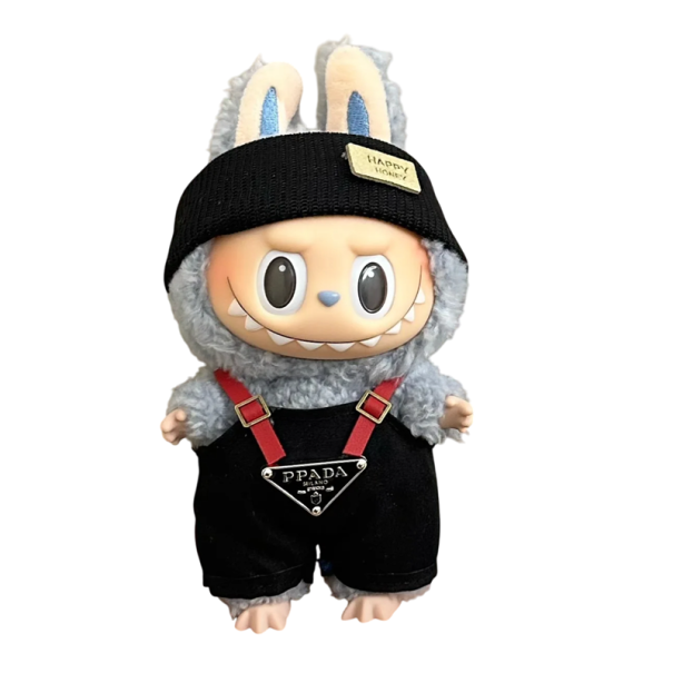 Outfit für Labubu Figur Stirnband und schwarze Designer Latzhose Stilvolles Kostüm für Puppen Sammleraccessoire Kleidung für 15-17 cm Labubu 1