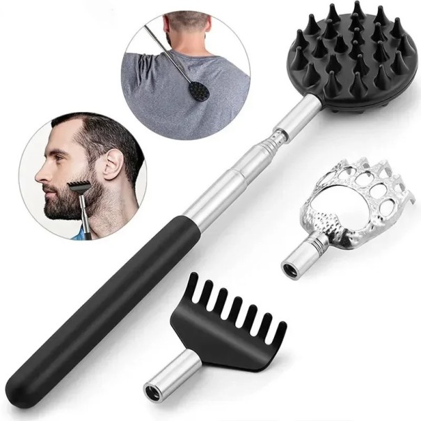 Outil de massage universel grattoir 23 cm avec poignée télescopique et têtes interchangeables pour massage de tout le corps et soins des animaux 1