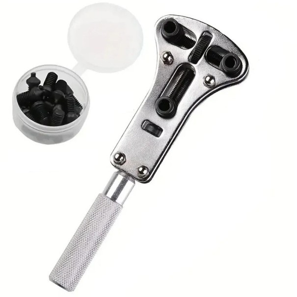 Ouvre-capsules pour montres avec 3 mâchoires Outil ajustable en métal 16,5x7 cm Ensemble avec 18 têtes interchangeables pour réparations de montres 1