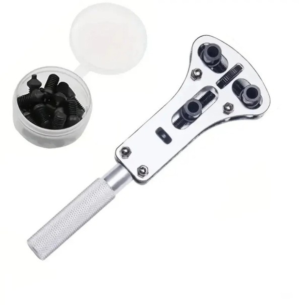 Ouvre-vitre pour montres avec 3 mâchoires Outil réglable en métal 14,1x5 cm Ensemble avec 18 têtes interchangeables pour réparations de montres 1