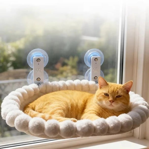 Oválný pelíšek pro kočky s přísavkami na okno 50 x 36 cm nosnost 13,5 kg UV odolná tkanina bílý kočičí lehátko na sklo a okno 1
