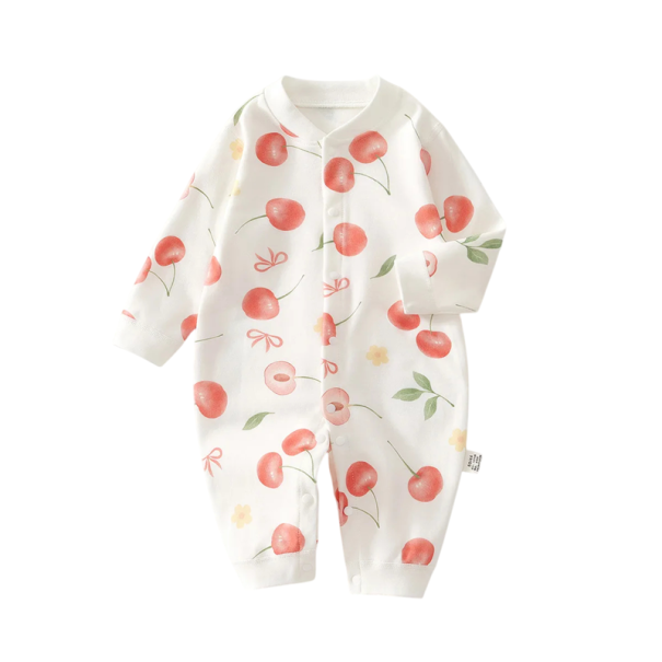 Overal de 100% algodón para recién nacidos con estampado de cerezas Manga larga Cuello redondo Alegre overal blanco unisex con cierre 1-3 meses
