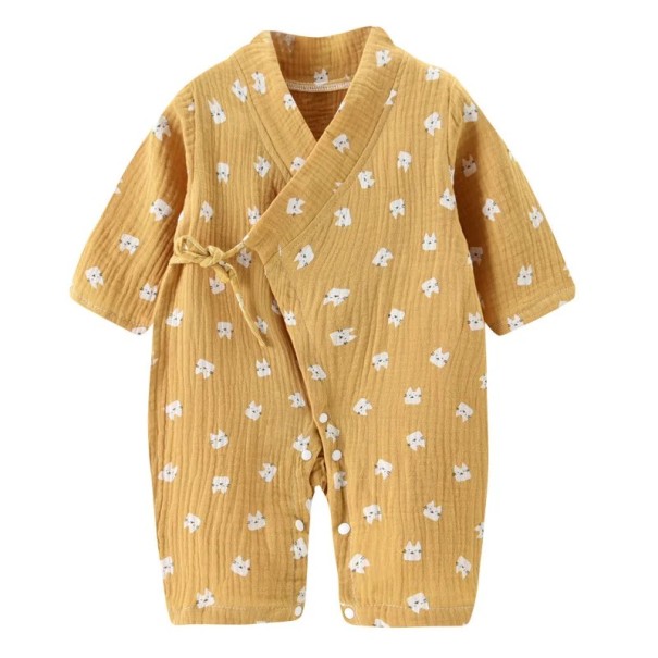 Overal de muselina de algodón para recién nacidos con manga larga y escote en V Overal amarillo unisex con motivo de perritos y aberturas 9-12 meses