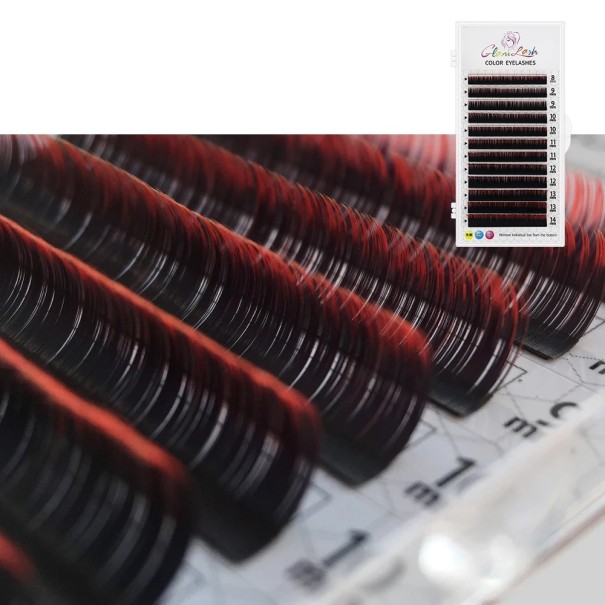Overgangskleurige kunstwimpers D krul 8–14 mm dikte 0,07 mm Dubbelkleurige individuele plakwimpers Kleurvolume verlenging rood