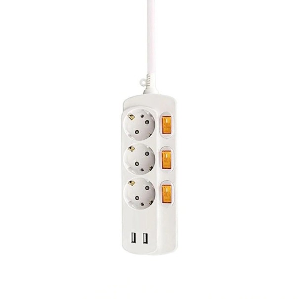 Overspændingsbeskytter 3x stikkontakt med afbrydere, 2x USB 1,5 m