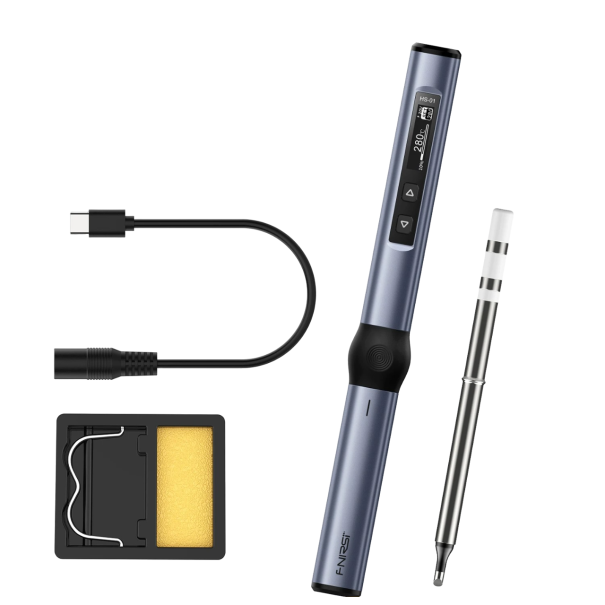 Pá de soldar elétrica inteligente com temperatura ajustável 80-420°C Pistola de solda sem fios com aquecimento rápido 96 W Solda com display OLED Pá de soldar com suporte, cabo USB-C e ponta de solda 18,4 x 2 cm azul