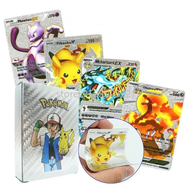 Pachet de cărți Pokemon GX VMax VStar EX Cărți strălucitoare Pokemon Cărți comerciale Set cărți de joc Pokemon Argintiu 55 1