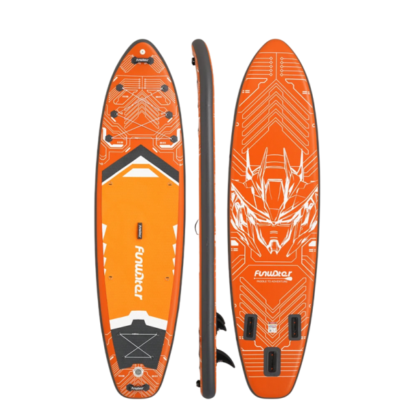 Paddelbräda Funwater Uppblåsbar 350x90x15 cm Maxvikt 200 kg PVC Futuristisk Robotmotiv med Paddel 3 Fenor Fäste Pump och Ryggsäck orange