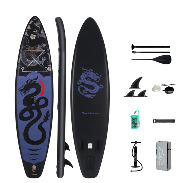 Paddle Board Feath-R-Lite Gonfiabile 350x84x15 cm Capacità 180 kg PVC Motivo Drago con Pagaia 3 Pinne Cinghia Pompa e Zaino nero