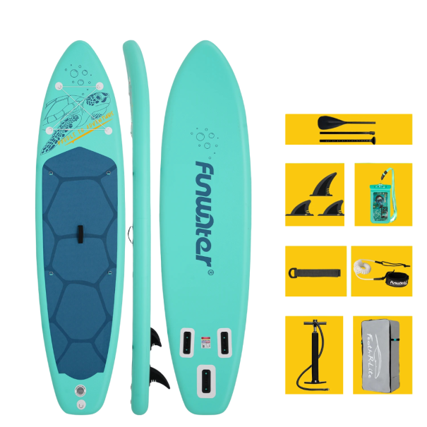 Paddleboard Funwater nafukovací SUP prkno 335 x 84 x 15 cm Nosnosť 165 kg Sada s pádlem 3 ploutvemi pumpou a batohem Na jazerá more a rieky modrá