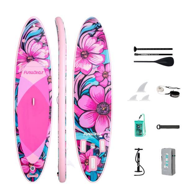 Paddleboard Funwater nafukovací SUP prkno 335 x 84 x 15 cm Nosnost 165 kg Sada s pádlem 3 ploutvemi pumpou a batohem Na jezera moře a řeky růžová